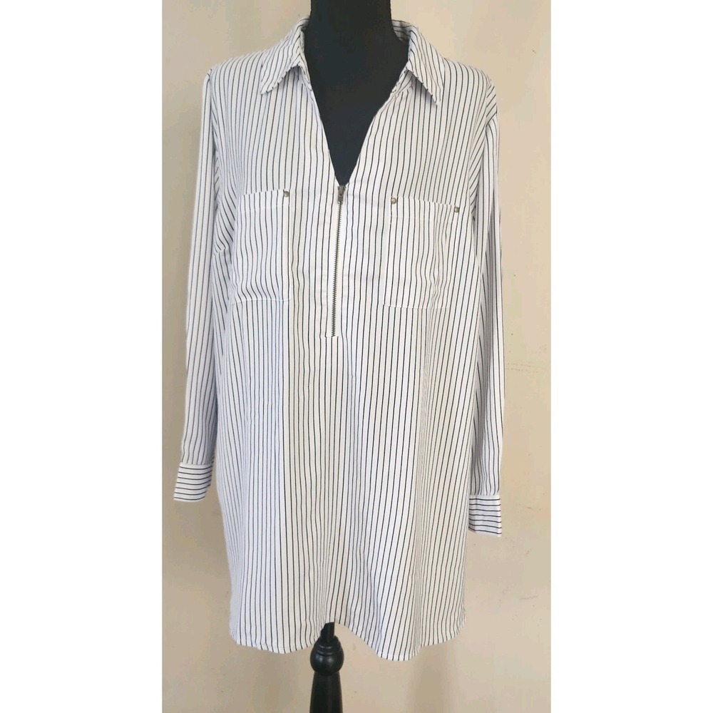 NWT Catherines Womens 1XWP Petite Pinstriped 3/4 Zip Front Blouse Top Shirt